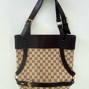 Gucci Beige GG Canvas Tote with Dark Brown Leather & Gold Hardware